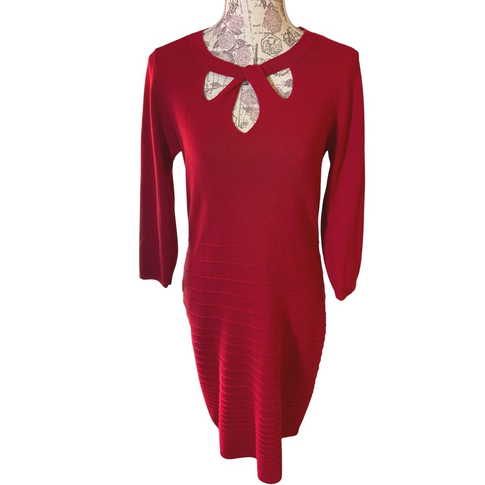 Red Knit Dress Bow Cutout 3/4 Sleeve SZ S cottagecore Valentine dress